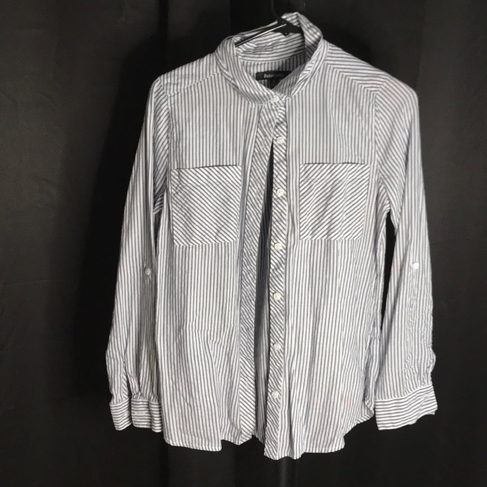 blue and white striped button up shirt